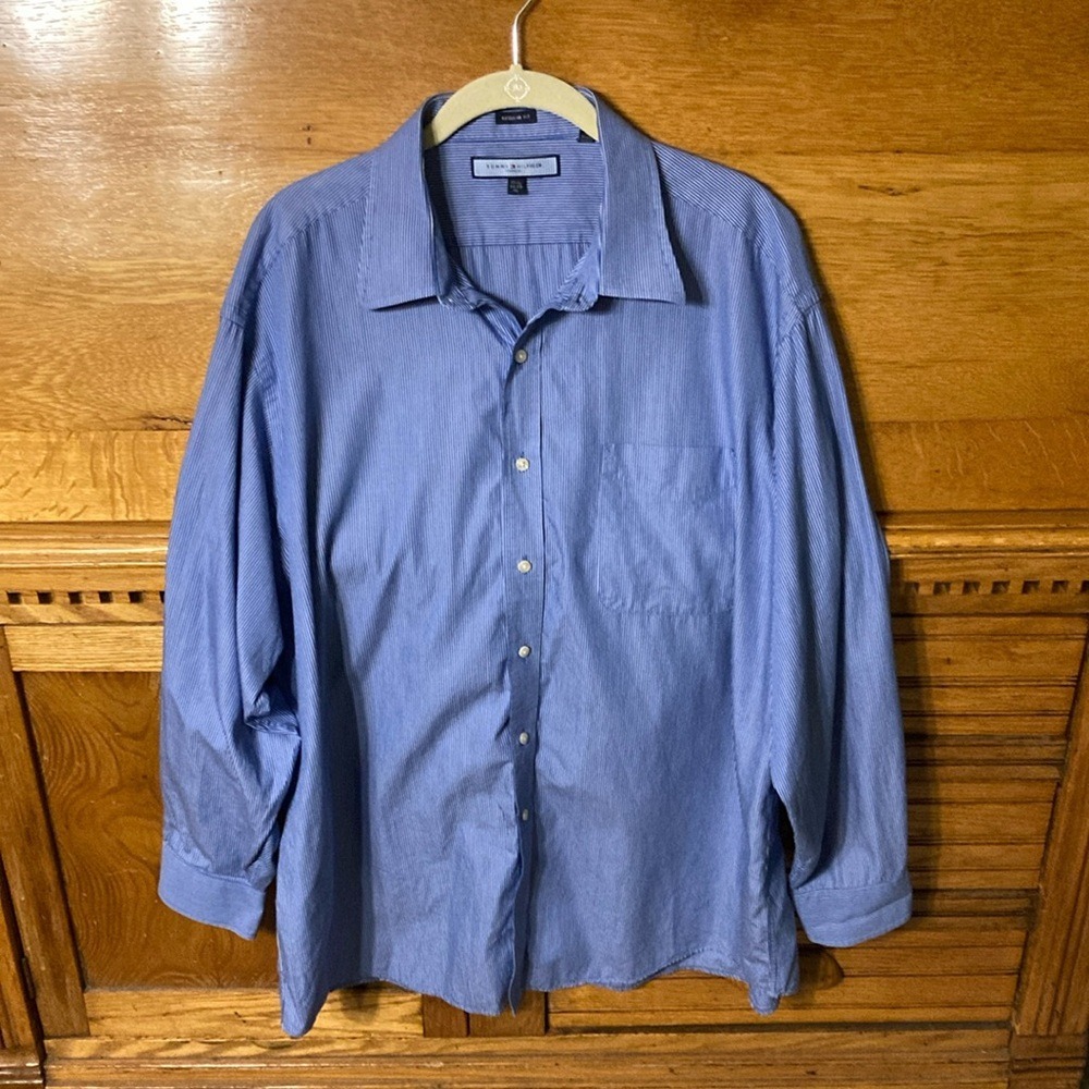 Tommy Hilfiger Ithaca Blue White‎ Stripe Dress Shirt Regular Fit 17.5 34-35 XL